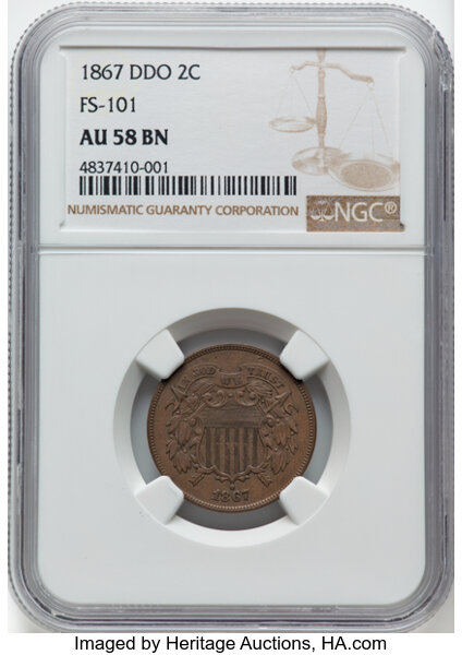 image for: 1867 2C Doubled Die Obverse, FS-101, AU58 Brown NGC. NGC Census: (4/17)....
