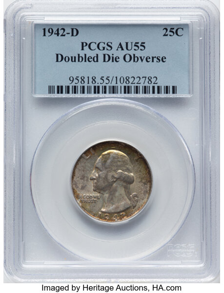 image for: 1942-D 25C Doubled Die Obverse, FS-101, AU55 PCGS. Population: 5 in 55, 7 finer (11/25)....