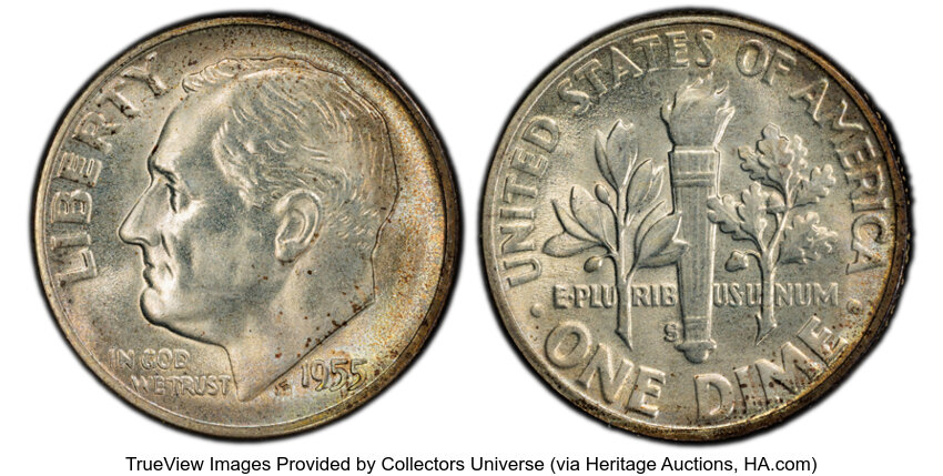 image for: 1955-S 10C MS67 Full Bands PCGS. PCGS Population: 23 in 67 (3 in 67+), 0 finer (11/25). CDN: $1,150 Whsle. Bid for NGC/PCGS...