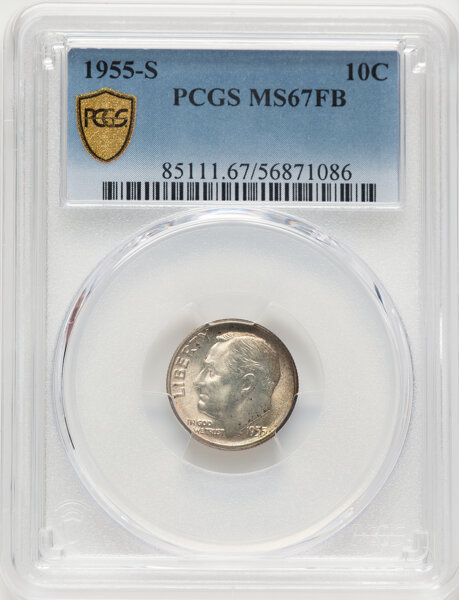 image for: 1955-S 10C MS67 Full Bands PCGS. PCGS Population: 23 in 67 (3 in 67+), 0 finer (11/25). CDN: $1,150 Whsle. Bid for NGC/PCGS...
