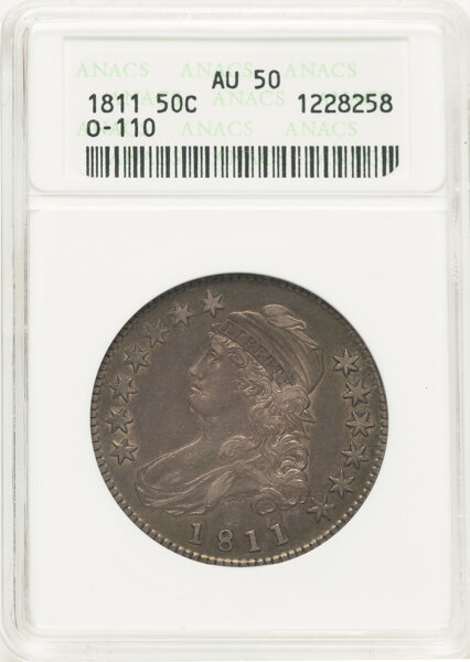 image for: 1811 50C Small 8, O-110, R.1, AU50 ANACS. Housed in a small-sized holder.  Mintage 1,203,644....