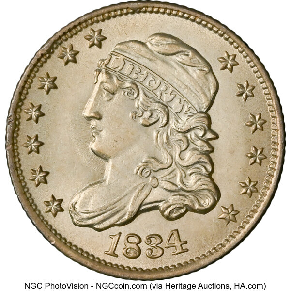 image for: 1834 H10C 3 Over Inverted 3, V-5, LM-1, FS-301, R.2, MS64 NGC.  CDN: $1,140 Whsle. Bid for NGC/PCGS MS64. Mintage 1,480,000...