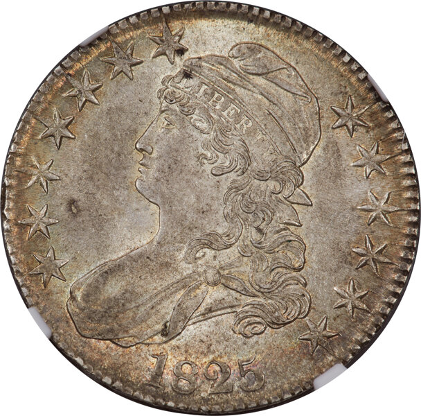 image for: 1825 50C O-116, R.2, MS64 NGC. The O-116 variety displays a tiny spur from the upper left scroll end on the reverse and the...