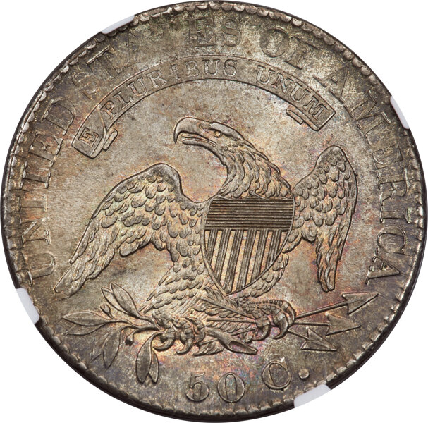 image for: 1825 50C O-116, R.2, MS64 NGC. The O-116 variety displays a tiny spur from the upper left scroll end on the reverse and the...