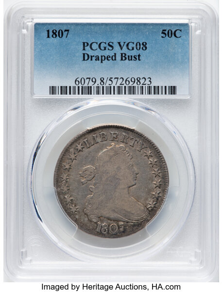 image for: 1807 50C Draped Bust, O-108, T-1, Low R.4, VG8 PCGS. Mintage 301,076....