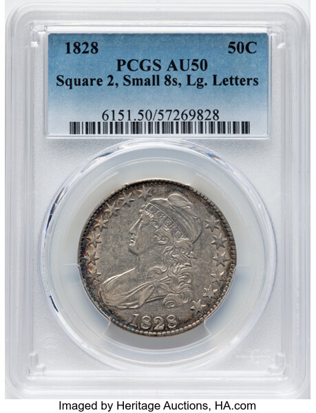 image for: 1828 50C Square Base 2, Small 8s, Large Letters, O-116, R.2, AU50 PCGS....
