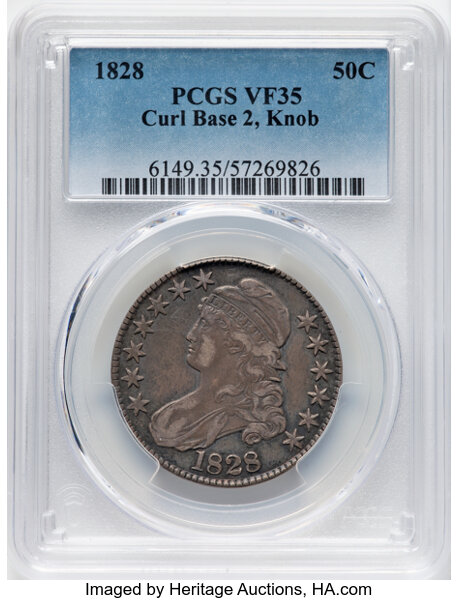 image for: 1828 50C Curl Base 2, Knob, O-107, R.1, VF35 PCGS....