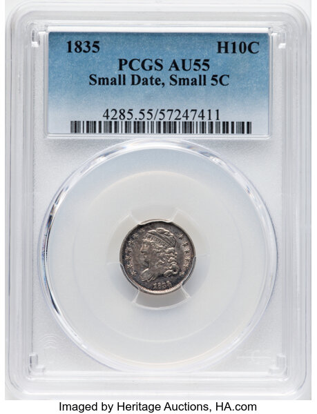 image for: 1835 H10C Small Date, Small 5C, V-7, LM-10, R.1, AU55 PCGS....