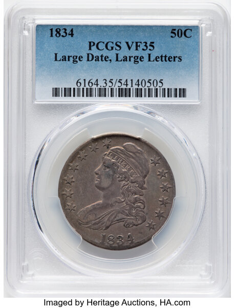 image for: 1834 50C Large Date, Large Letters, O-101, R.1, VF35 PCGS. Mintage 6,412,004....