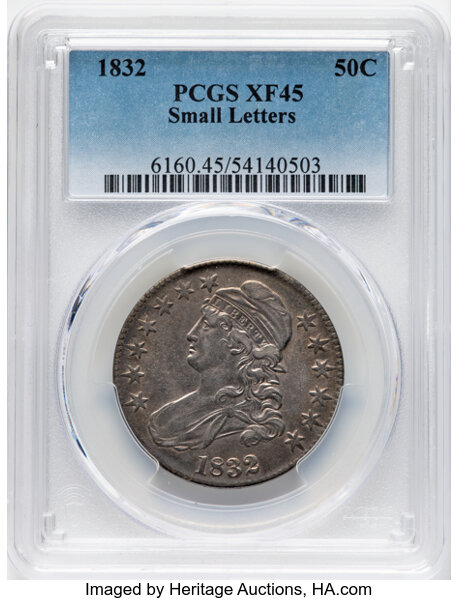image for: 1832 50C Small Letters, O-122, R.1, XF45 PCGS.  Mintage 4,797,000....