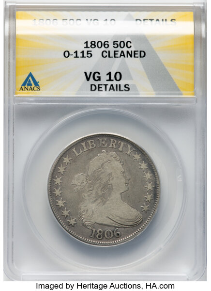 image for: 1806 50C Pointed 6, Stem, O-115, T-17, R.1 -- Cleaned -- ANACS Details. VG....
