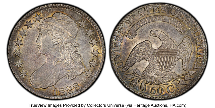 image for: 1828 50C Square Base 2, Small 8s, Large Letters, O-115, R.2, AU58 PCGS. CAC. CAC Population: (39/23)....