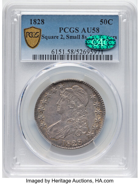 image for: 1828 50C Square Base 2, Small 8s, Large Letters, O-115, R.2, AU58 PCGS. CAC. CAC Population: (39/23)....