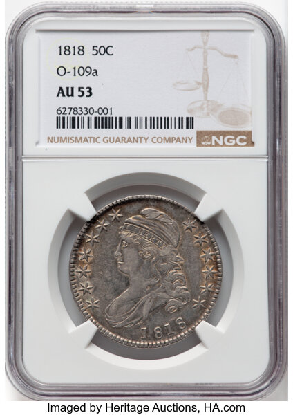 image for: 1818 50C O-109a, R.2, AU53 NGC. NGC Census: 2 in 53, 10 finer (10/25). CDN: $800 Whsle. Bid for NGC/PCGS AU53. Mintage 1,96...
