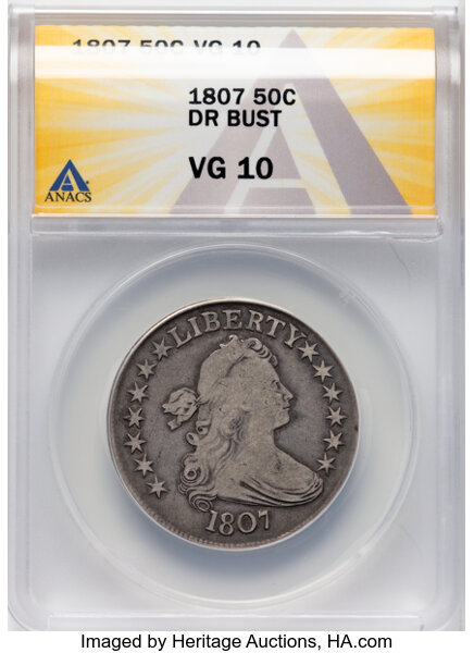 image for: 1807 50C Draped Bust, O-102, T-8, R.2, VG10 ANACS.  Mintage 301,076....