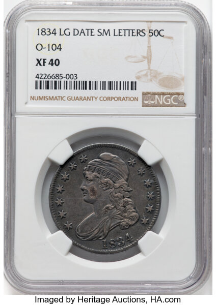 image for: 1834 50C Large Date, Small Letters, O-104, R.2, XF40 NGC. NGC Census: (4/33)....