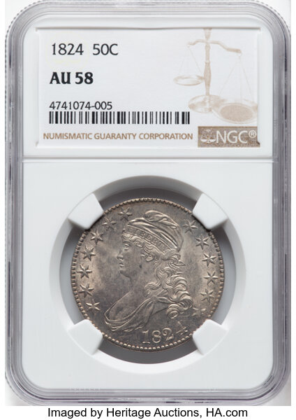 image for: 1824/4 50C O-109, R.2, AU58 NGC.  CDN: $600 Whsle. Bid for NGC/PCGS AU58. Mintage 3,504,954....