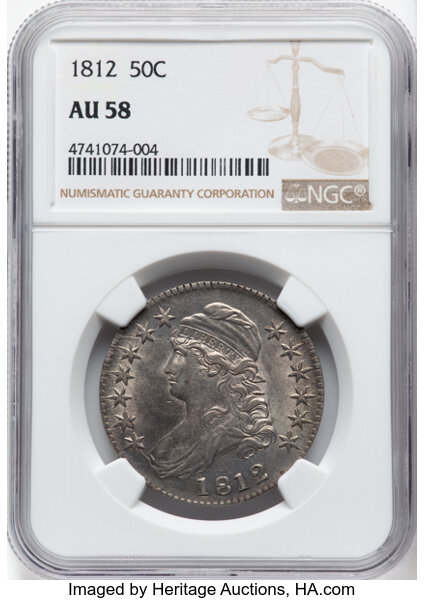 image for: 1812 50C Large 8, O-105a, R.2, AU58 NGC. CDN: $1,300 Whsle. Bid for NGC/PCGS AU58. Mintage 1,628,059....