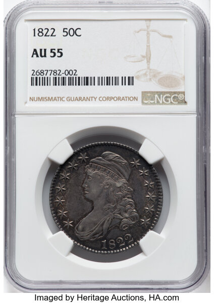 image for: 1822 50C O-113, R.3, AU55 NGC. CDN: $600 Whsle. Bid for NGC/PCGS AU55. Mintage 1,559,573....