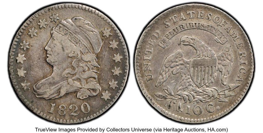 image for: 1820 10C STATESOF, JR-1, FS-901, R.3, VF20 PCGS. PCGS Population: 4 in 20, 33 finer (10/25). CDN: $450 Whsle. Bid for NGC/P...