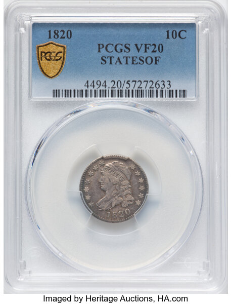 image for: 1820 10C STATESOF, JR-1, FS-901, R.3, VF20 PCGS. PCGS Population: 4 in 20, 33 finer (10/25). CDN: $450 Whsle. Bid for NGC/P...