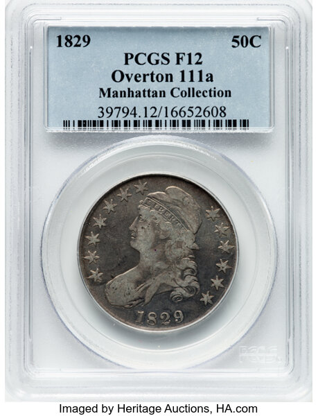 image for: 1829 50C Small Letters, O-111a, R.2, Fine 12 PCGS. Ex: Manhattan Collection. PCGS Population: 2 in 12, 10 finer (10/25). CD...
