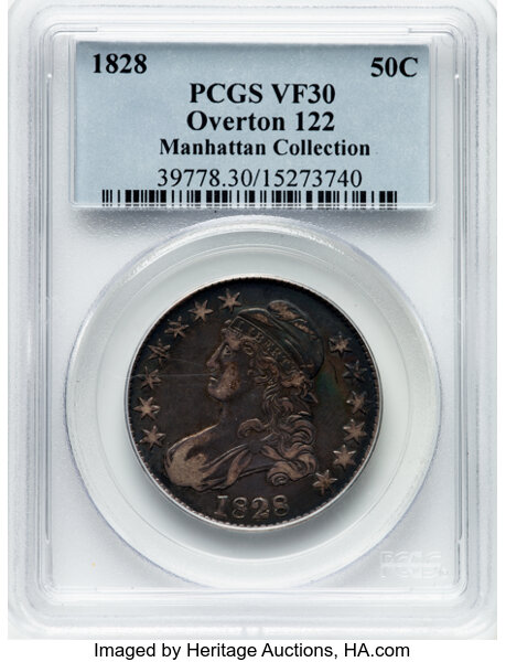 image for: 1828 50C Square Base 2, Small 8s, Large Letters, O-122, R.3, VF30 PCGS. Ex: Manhattan Collection. PCGS Population: 1 in 30,...