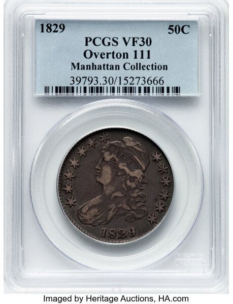 image for: 1829 50C Small Letters, O-111, R.3, VF30 PCGS. Ex: Manhattan Collection. PCGS Population: 1 in 30, 19 finer (10/25). CDN: $...