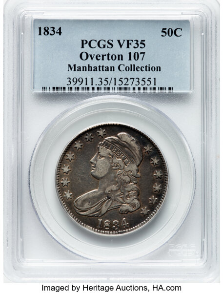 image for: 1834 50C Large Date, Small Letters, O-107, R.1, VF35 PCGS. Ex: Manhattan Collection. PCGS Population: 7 in 35, 44 finer (10...