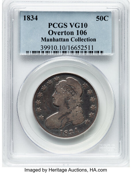 image for: 1834 50C Large Date, Small Letters, O-106, R.1, VG10 PCGS. Ex: Manhattan Collection. PCGS Population: 1 in 10, 49 finer (10...