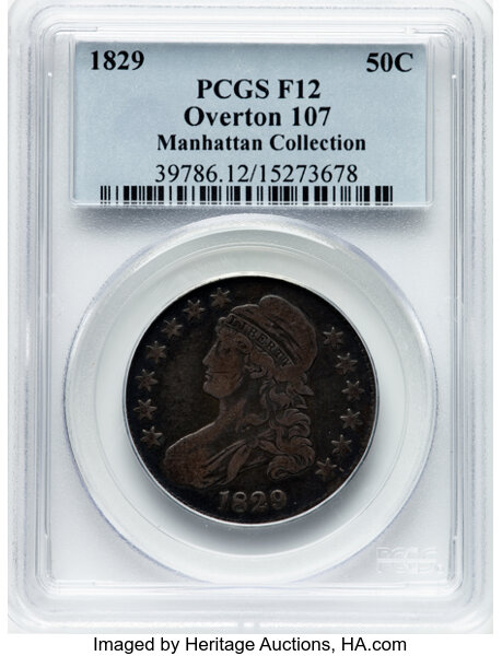 image for: 1829 50C Small Letters, O-107, R.3, Fine 12 PCGS. Ex: Manhattan Collection. PCGS Population: 3 in 12, 20 finer (10/25). CDN...
