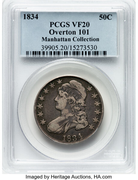 image for: 1834 50C Large Date, Large Letters, O-101, R.1, VF20 PCGS. Ex: Manhattan Collection. PCGS Population: 1 in 20, 46 finer (10...