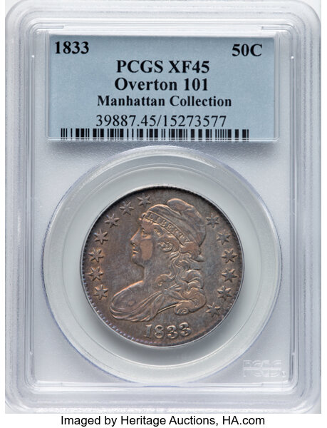 image for: 1833 50C O-101, R.1, XF45 PCGS. Ex: Manhattan Collection. PCGS Population: 8 in 45, 21 finer (11/25). CDN: $190 Whsle. Bid ...