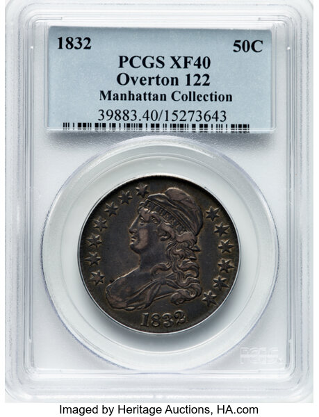 image for: 1832 50C Small Letters, O-122, R.1, XF40 PCGS. Ex: Manhattan Collection. PCGS Population: 14 in 40, 34 finer (11/25). CDN: ...