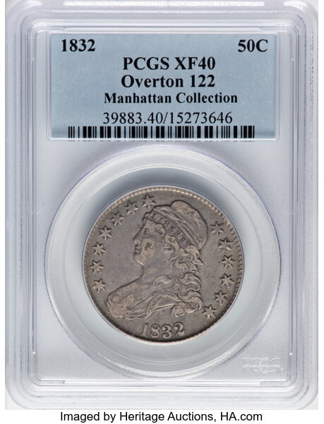 image for: 1832 50C Small Letters, O-122, R.1, XF40 PCGS. Ex: Manhattan Collection. PCGS Population: 14 in 40, 34 finer (11/25). CDN: ...