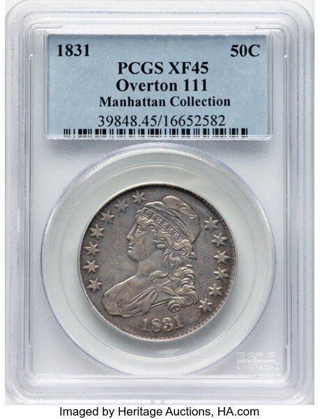 image for: 1831 50C O-111, R.1, XF45 PCGS. Ex: Manhattan Collection. PCGS Population: 6 in 45, 19 finer (11/25). CDN: $190 Whsle. Bid ...