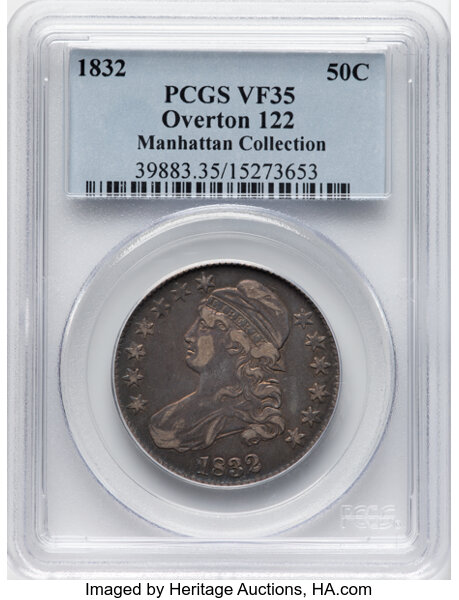 image for: 1832 50C Small Letters, O-122, R.1, VF35 PCGS. Ex: Manhattan Collection. PCGS Population: 5 in 35, 48 finer (11/25). CDN: $...