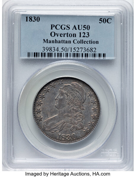 image for: 1830 50C Large 0, O-123, R.1, AU50 PCGS. Ex: Manhattan Collection. PCGS Population: 6 in 50, 39 finer (11/25). CDN: $255 Wh...