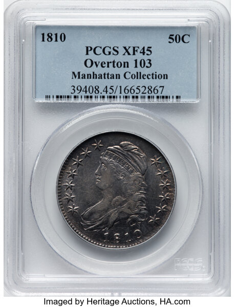 image for: 1810 50C O-103, R.3, XF45 PCGS. Ex: Manhattan Collection. PCGS Population: 3 in 45, 9 finer (11/25). CDN: $605 Whsle. Bid f...