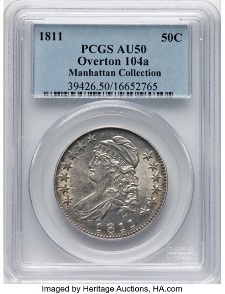 image for: 1811 50C Large 8, O-104a, R.1, AU50 PCGS. Ex: Manhattan Collection. PCGS Population: 3 in 50, 13 finer (11/25). CDN: $1,000...