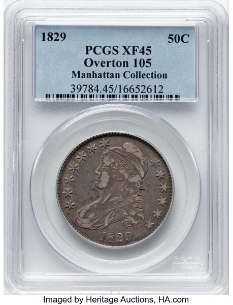 image for: 1829 50C Small Letters, O-105, R.1, XF45 PCGS. Ex: Manhattan Collection. PCGS Population: 14 in 45, 16 finer (11/25). CDN: ...