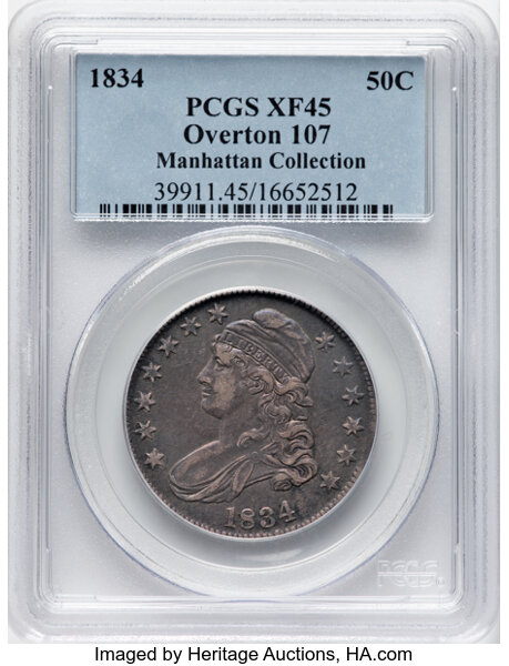 image for: 1834 50C Large Date, Small Letters, O-107, R.1, XF45 PCGS. Ex: Manhattan Collection. PCGS Population: 6 in 45, 29 finer (11...