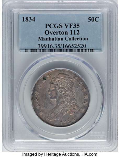 image for: 1834 50C Small Date, Small Letters, O-112, R.3, VF35 PCGS. Ex: Manhattan Collection. PCGS Population: 3 in 35, 17 finer (11...