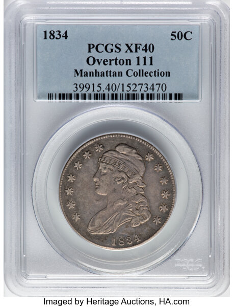 image for: 1834 50C Small Date, Small Letters, O-111, R.1, XF40 PCGS. Ex: Manhattan Collection. PCGS Population: 2 in 40, 19 finer (11...