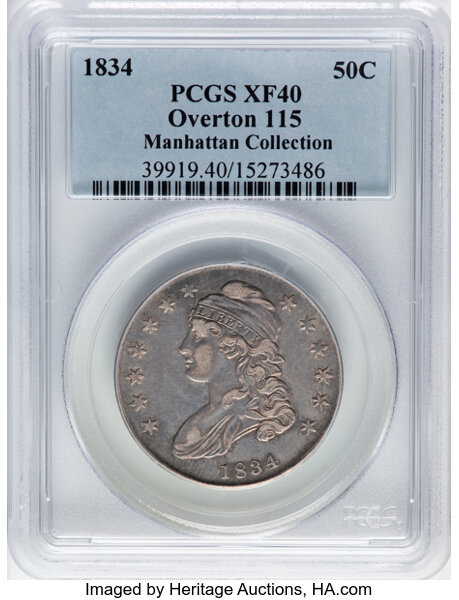 image for: 1834 50C Small Date, Small Letters, O-115, R.2, XF40 PCGS. Ex: Manhattan Collection. PCGS Population: 8 in 40, 14 finer (11...