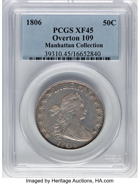 image for: 1806 50C Pointed 6, No Stem, O-109, T-15, R.1, XF45 PCGS. Ex: Manhattan Collection. PCGS Population: 3 in 45 (1 in 45+), 11...