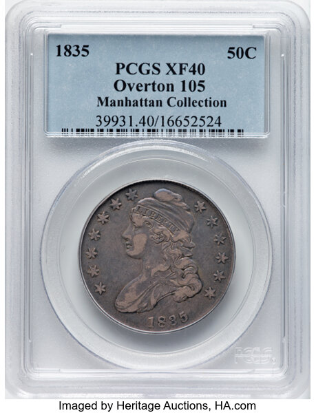 image for: 1835 50C O-105, R.2, XF40 PCGS. Ex: Manhattan Collection. PCGS Population: 3 in 40, 20 finer (11/25). CDN: $160 Whsle. Bid ...