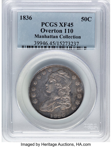 image for: 1836 50C Lettered Edge, O-110, R.1, XF45 PCGS. Ex: Manhattan Collection. PCGS Population: 9 in 45, 15 finer (11/25). CDN: $...