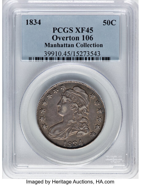 image for: 1834 50C Large Date, Small Letters, O-106, R.1, XF45 PCGS. Ex: Manhattan Collection. PCGS Population: 6 in 45, 26 finer (11...