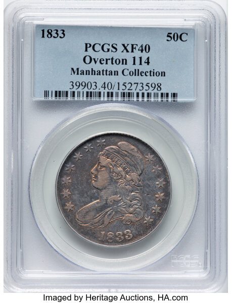 image for: 1833 50C O-114, R.2, XF40 PCGS. Ex: Manhattan Collection. PCGS Population: 5 in 40, 22 finer (11/25). CDN: $160 Whsle. Bid ...
